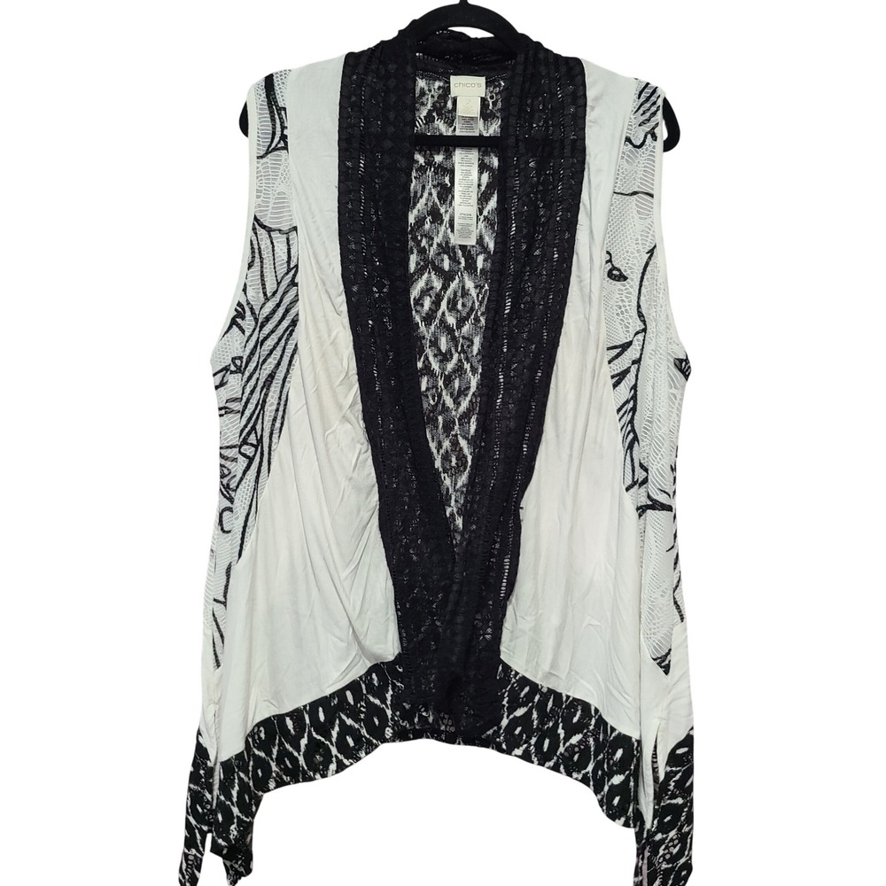 Chicos Womens Size 2 Black White Mixed Print Lace Trim Open Front Vest Cardigan